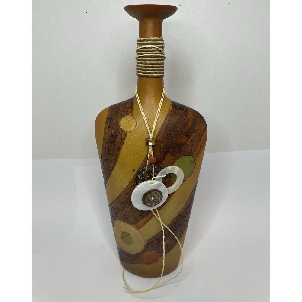 Vtg. MCM Large Polystone Vase Bottle Faux Wood Beaded Cabin Rustic Decor Rare